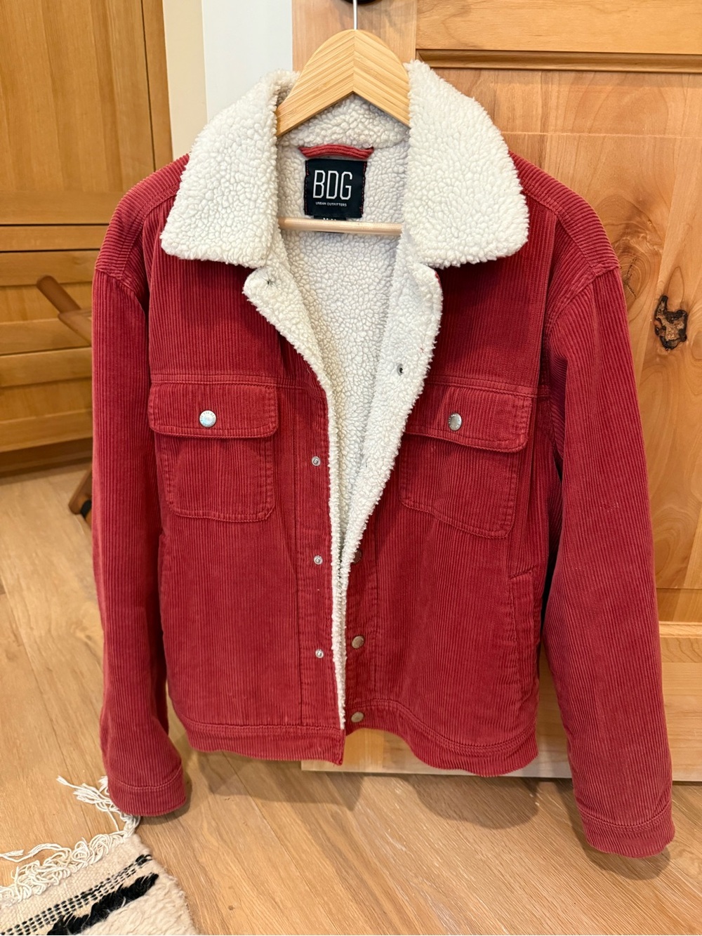 BDG Cream Sherpa Jacket with Red Trim